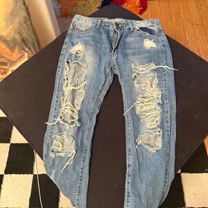 Machine Distressed Light Blue Relaxed Jeans